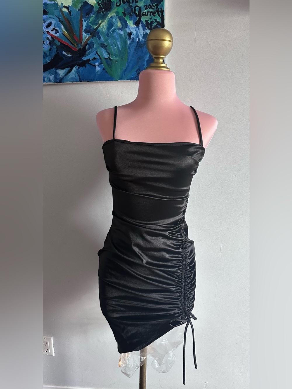 Papermoon Black Satin Ruched Mini Dress with Spaghetti Straps